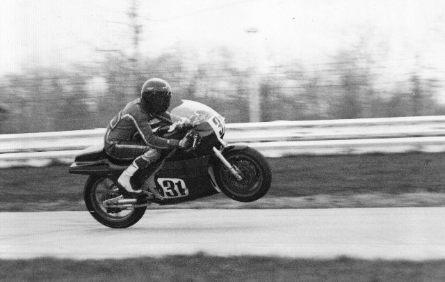 Knott - IRP Boonie Knott wheelies his Suzuki RG500 Grand Prix bike en route to victory in a WERA Formula 1 race at Indianapolis Raceway Park sometime in the mid-1980s. (Larry Lawrence photo)