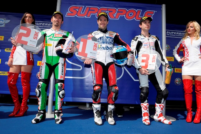 Carlos Checa (center) earned Superpole in Australia. He's joined by Max Biaggi (left) who qualified second and third place Sylvain Guintoli (right).