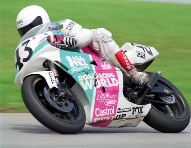 Sawyer, Brad - IRP 1992 Brad Sawyer, of Ft. Worth, Texas, races his Hall ‘n Still Racing/Roadracing World Yamaha in the WERA Air Tech Formula II Championship race at Indianapolis Raceway Park in August of 1992. (Larry Lawrence photo)