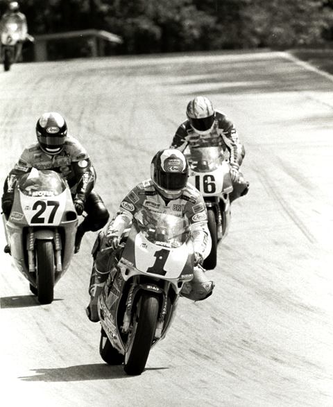 The leading trio of Britt Turkington (1), Fred Merkel (27) and Tom Kipp (16) swapped the lead back and forth several times during the 1994 Road America 750 Supersport final. In a wild last lap, Turkington overshot Turn Five to drop out of contention for the win. Merkel hit a false neutral just before the Carousel allowing Kipp to slip past. Once in the lead Merkel had no way of dealing with the ultra-fast Suzuki of Kipp. At the line it was Kipp by one second over Merkel, Turkington third