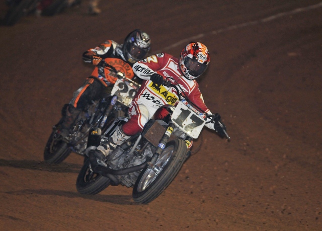 Wiles - Bedford, Pa - june '08 Henry Wiles leads Shaun Russell during an AMA Grand National Championship heat race at Bedford (Pa.) Speedway on June 27, 2008. Wiles made the main and finished seventh that night on the Aprilia flat track bike. Wiles had some strong finishing on the Aprilia, including just missing by a hair's breadth of winning the national in Lima, Ohio the night after this race in Bedford. (Larry Lawrence photo)