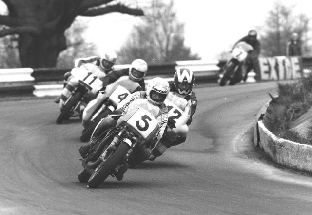 Yvon DuHamel, on the No. 5 factory Kawasaki, leading Peter Williams (No. 12 John Player Norton), fellow Kawasaki rider Gary Nixon (4), Dave Croxford (No. 11 Norton) and Suzuki mounted Ron Grant (7) at Mallory Park during the 1973 Transatlantic Match Races. (Jim Greening Collection)