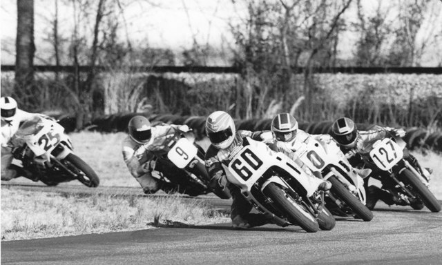 Hall - Talladega Feb. 1989 At Talladega Gran Prix in February of 1989, Kurt Hall, riding a Suzuki 600 Katana, leads the pack of mainly Yamaha FZR600s, which became the dominant middleweight production and 600 Supersport machine that season. Hall held off the Yamahas to win the race and Suzuki money that day. (Larry Lawrence photo)