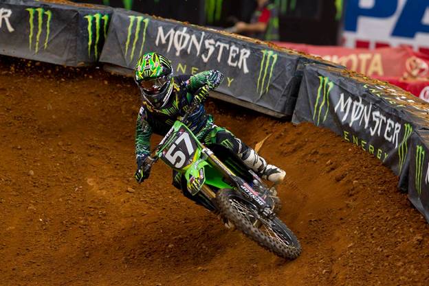 IndySX pre 2 Monster Energy/Pro Circuit/Kawasaki’s Blake Baggett locked in his first victory of the season, marking the second of his career. Baggett currently sits in second place, four points behind points leader heading into the Indianapolis stop. (Photo credit: Hoppenworld.com)