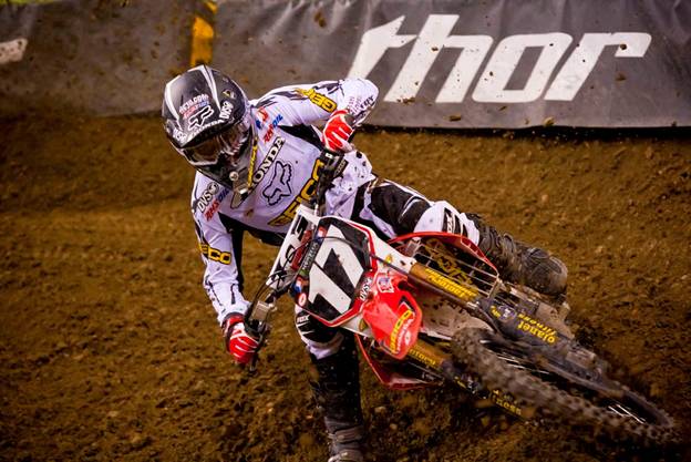 GEICO Honda’s Justin Barcia currently sits in first place by six points in the Eastern Regional Supercross Lites class heading into Jacksonville this Saturday. Barcia has one win and three second place finishes this season. (Photo Credit: Hoppenworld.com)