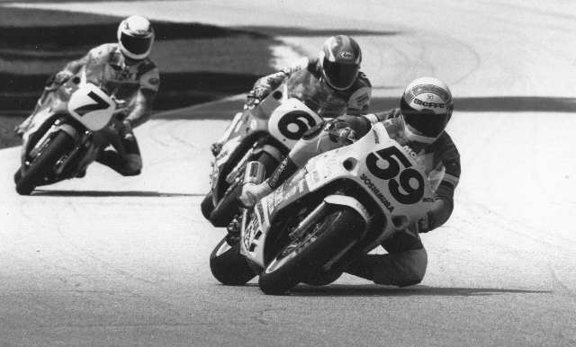 Kirk - Elkhart 1990 Rick Kirk (No. 59) was outstanding in his debut with Yoshimura Suzuki at Road America in 1990, but Doug Chandler (No. 6) won the exciting race in the end. Scott Russell (No. 7) was third and went on to win that year's AMA 750 Supersport title. (Larry Lawrence photo)