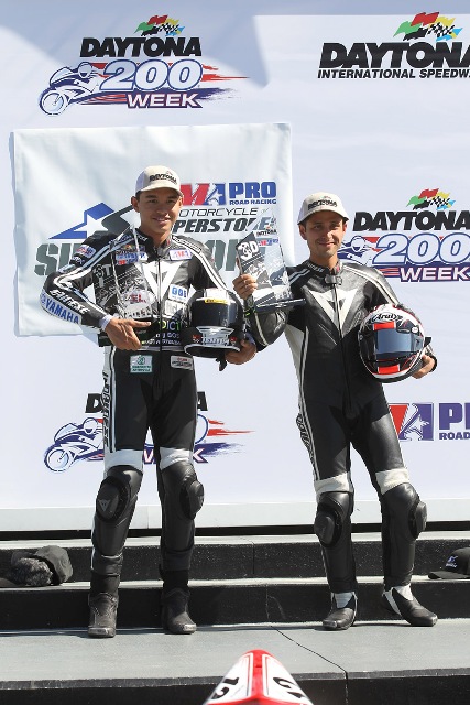 LTDfri05-SM LTD Racing’s Tomas Puerta (left) won his first AMA Pro SuperSport race at Daytona on Friday, winning by 7.624 seconds on his Y.E.S.-backed Yamaha. Teammate David Gaviria (right) battled for the podium and finished third in his first-ever race for LTD.