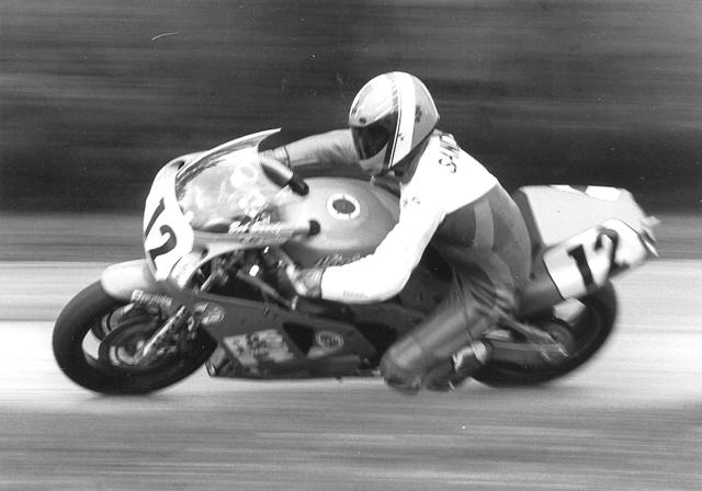 Illinois racer Bob Sandy was smoking the competition in WERA contingency races in the early 1990s. Here Sandy corners his ZX-7 so fast at Blackhawk Farms Raceway that he’s a blur to the camera. In addition to his numerous club race wins Sandy was a leading contender in AMA 750 Supersport as well. He scored a slew of top-five finishes including podium results in 1991 and ’92. (Larry Lawrence photo)