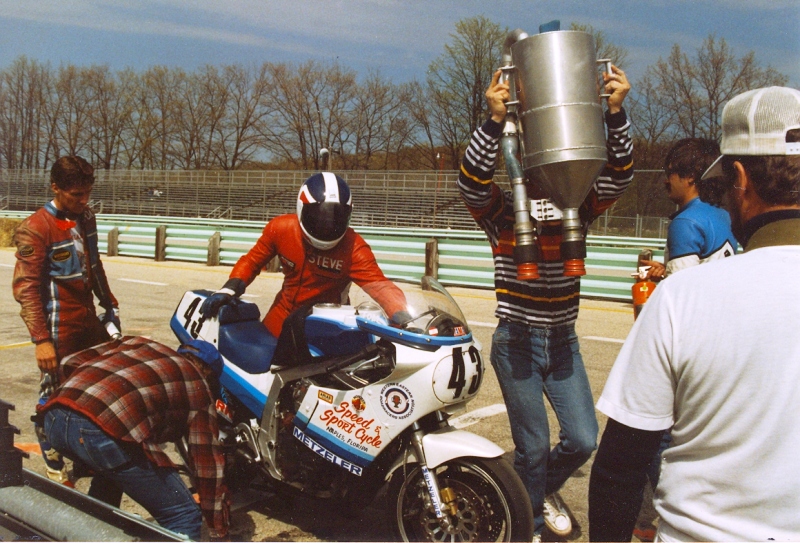 Team Miami Vice Patrick (Steve) Telder prepares to hop on the Team Miami Vice Suzuki GSXR1100 after a pit stop in an AMA/CCS Endurance race at Road America sometime in the mid-1980s. That’s Steve’s teammate future AMA Superbike Champion Thomas Stevens looking on. The team won the AAMRR championship in 1985 at Moroso. They won every endurance round but one in ’85 and they came in second in that one. Team Miami Vice also took second place in the 1986 Daytona AMA/CCS Endurance race. (Photo from Patrick Telder)