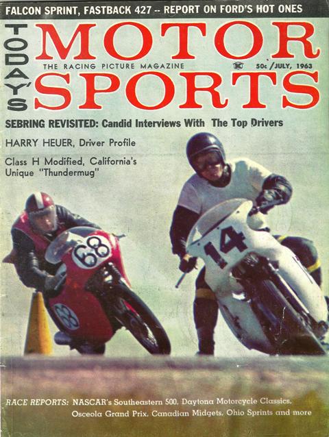 The cover of Today’s Motor Sports in July 193 featured Ronnie Doyle, of Abilene, Texas, racing his No. 14 Harley-Davidson just ahead of the No. 68 Triumph of John Platchek of Pottstown, Pennsylvania, in the 1963 Daytona. 
