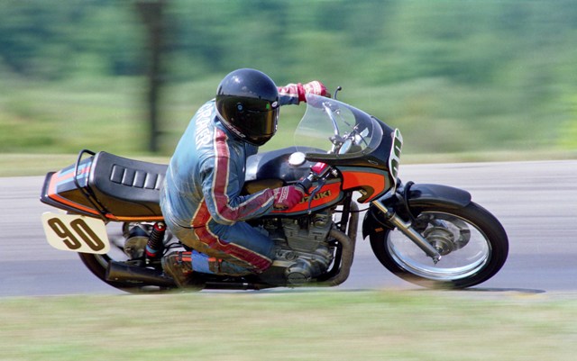 Graver, Rich - Grattan '91 Rich Graver races his Suzuki GS450S in a WERA sprint race at Grattan Raceway in 1991. Graver, on his little parallel-twin Suzuki, was a leading contender in both the Clubman class and I believe Rich rode this in Vintage classes with good success. (Larry Lawrence photo)