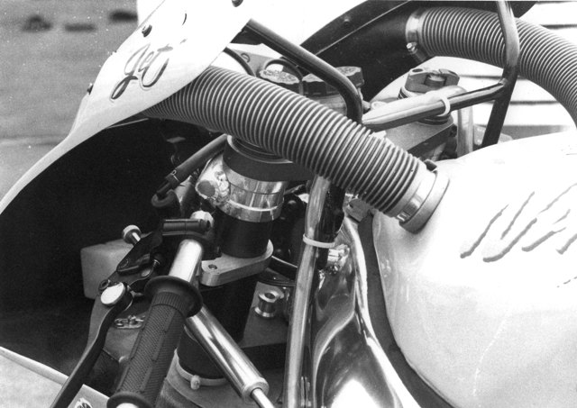 The handlebar of the Muzzy Kawasaki ridden by Jacques Guenette snapped off during the 1991 AMA Superbike race in Elkhart Lake, Wisconsin. Guenette was still able to hold on to finish fourth in the race. (Larry Lawrence photo)