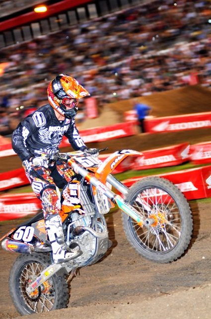Wil Hahn racing the Muscle Milk/MDK KTM at the Daytona Supercross Lites East race in 2009. Hahn finished fifth that night in Daytona Beach. He scored a season best second at Jacksonville and ended the season ranked sixth in the Lites East Series. (Larry Lawrence photo)