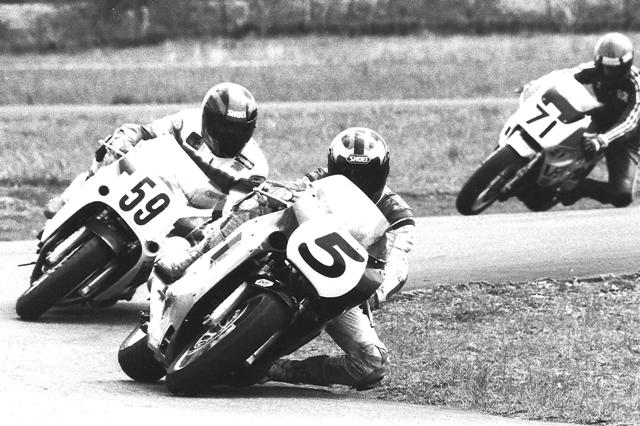Hall-N-Still Talladega Hall ‘N Still Racing (5) leads Wright Line Racing (59) in a WERA National Endurance race at Talladega Gran Prix Raceway sometime in the late ‘80s or early ‘90s. Both teams were leading endurance squads during this era. (Larry Lawrence photo)