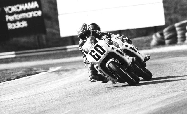 Kurt Hall is being drafted by Scott Russell in the 1988 Suzuki Katana 600 Final at Road Atlanta. Russell got around Hall late, but the surprising thing was that these two were battling over fifth in this race. David Sadowski won the race. (Larry Lawrence photo)
