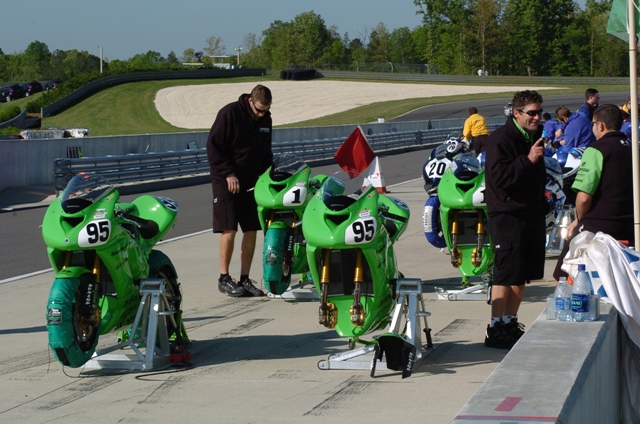 Kawasaki 2005 The factory Kawasaki road race bikes of Roger Lee Hayden (95) and Tommy Hayden (1) cut a pretty picture on the pit lane at Barber Motorsports Park in 2005. (Larry Lawrence photo)