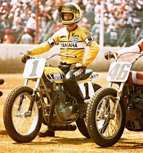 KR - 1975 Kenny Roberts waiting to take to the track during the 1975 season. That year Roberts won more nationals than any other rider, but lost the championship to Gary Scott. (AMA press kit photo)