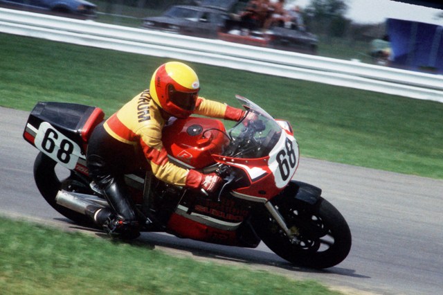 Landrum, Mike Mike Landrum races his new Suzuki GSXR750 into the carousel at Indianapolis Raceway Park in 1986 during a WERA Sprint weekend at the central Indiana circuit. Landrum was an AMA pro racer from mid-‘70s to the late 1980s. (Larry Lawrence photo)