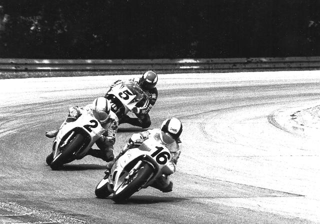 Leisner - Rd Am Andy Leisner leads a tight battle in AMA 250 Grand Prix action at Road America in 1988. Leisner leads former World Championship GP star Alan Carter and Thomas Stevens on what I believe is the Team Viceroy Yamaha. (Larry Lawrence photo)