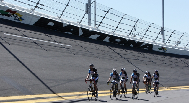 Miles for Miracles today DIS lap - sm Jimmy Button at the head of the pack on his victory lap around Daytona International Speedway on Sunday. (Photo credit: Robby Lyons)