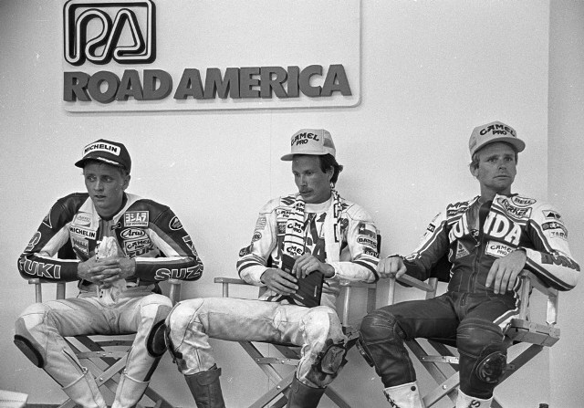 Road America '87 press conference The tension between Kevin Schwantz and Wayne Rainey was so high they didn't even like to sit next to each other in press conferences. They each took the seats on the far side leaving Doug Polen the center seat. (Larry Lawrence photo)