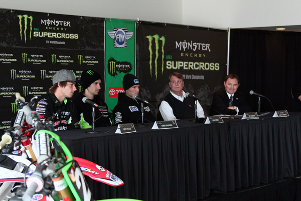 Broc Tickle, Josh Hansen, Chad Reed, Jeff Robbins, and Gary R. Herbert (Left to Right) discuss the significant impact Monster Energy Supercross has on the state of Utah. (Photo Credit: Feld Motor Sports)