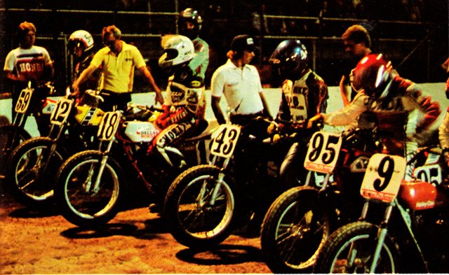 Santa Fe ST Mickey Fay (59), Ted Boody (12), Terry Poovey (18), Mike Gilkey (43), Scott Pearson (95) and Jay Springsteen (9) line up for a race at the Santa Fe Speedway Short Track National sometime in the early 1980s. (AMA Press Kit Photo)