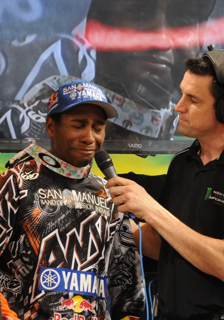 Stewart emotion James Stewart broke down in tears after winning in St. Louis Saturday night. (Larry Lawrence photo)