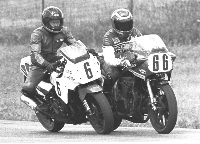 Wood - Cycle Speed Cycle Speed Racing (No. 6 Yamaha FZ750) and Wood Racing (No. 66 Suzuki GSXR) go bar to bar in a WERA National Endurance race going into turn one at Grattan sometime in the mid-1980s. (Larry Lawrence photo)