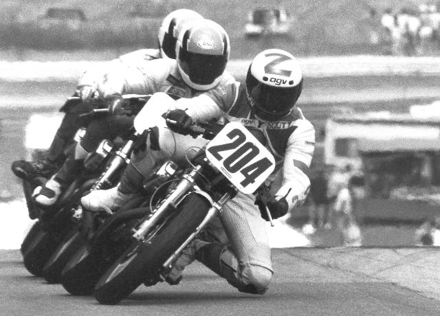 Zampach - 883 Rd Am Local hero Scott Zampach leads Tripp Nobles and Nigel Gale in the 1991 Road America Harley-Davidson 883 road race. Zampach went on to win the race. He edge Nobles that year for to win the championship. (Larry Lawrence photo)