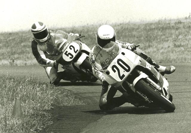 Burcham - Yoder Gene Burcham (No. 20) and Ray Yoder battle in a WERA A Production race at Grattan Raceway Park in the late 1980s. Yoder eventually passed Burcham to win the race. (Larry Lawrence photo)