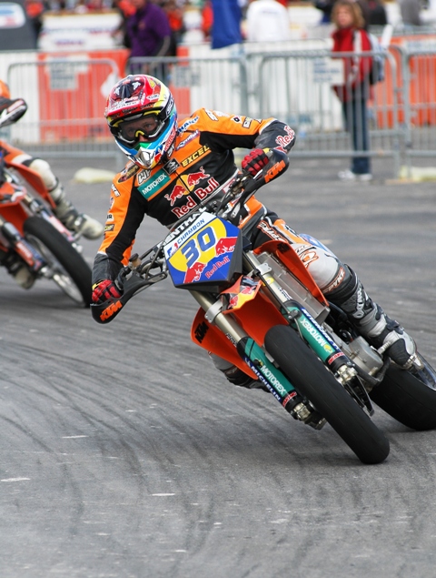 Chambon - Vegas SuMo Frenchman Boris Chambon racing his Red Bull KTM in the Red Bull Supermoto-A-Go-Go in Las Vegas in 2004. Chambon finished second to KTM’s race team boss/racer Kurt Nicoll. (Larry Lawrence photo)
