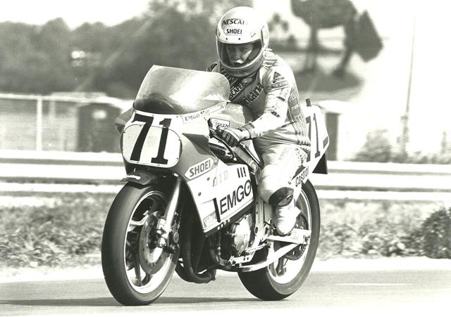 Coburn - Memphis Kathleen Coburn hits the brakes on her Suzuki at the AMA Superbike race at Memphis Motorsports Park in August of 1987. (Larry Lawrence photo)