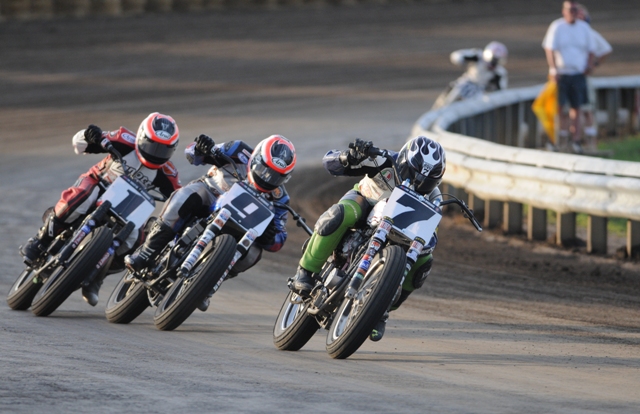 Halbert, Mees, Johnson - last turn This was the order coming out of turn four for the final time at the Springfield Mile Sunday. Sammy Halbert (No.7) led and was trying to break away, but Mees (No. 9) was close enough and his Brent Armbruster-built Harley bike was fast enough to draft into the lead for the win. Defending champ Jake Johnson (No. 1) closed in, but still finished third. (Larry Lawrence photo)