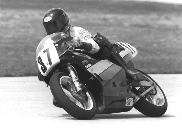 Knott, Boonie - 250 Boonie Knott powers out of the carousel on his Yamaha TZ250 at Indianapolis Raceway Park en route to victory in a WERA Formula 2 race sometime in the late 1980s. He was the all-time leader in WERA National Championships when he retired from racing. (Larry Lawrence photo)