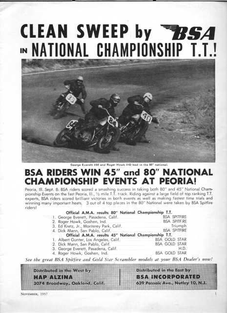 A BSA ad promoting their sweep of both the 45 and 80-inch class nationals at the Peoria TT in 1957. 