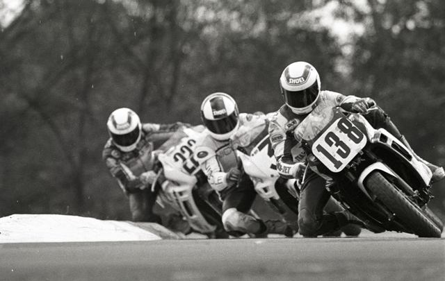 Rayborn, Cal III - Rd Atl '88 Cal Rayborn III, son of the legendary Cal Rayborn Jr., races ahead of other riders in the Suzuki Cup Finals on his 600 Katana at Road Atlanta in 1988. Rayborn followed in his father’s footsteps and was one of the leading road racers of the late 1980s. If I remember correctly he once crashed in a Suzuki Cup Final on the West Coast in the rain, picked up his bike and still won the race. (Larry Lawrence photo)