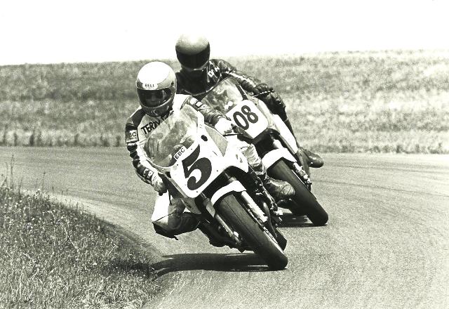 Solmax - Grattan Solmax Racing’s Terry Bailey leads Wave Racing’s Dan Clemens at a WERA National Endurance race at Grattan Raceway sometime in the late 1980s. (Larry Lawrence photo)