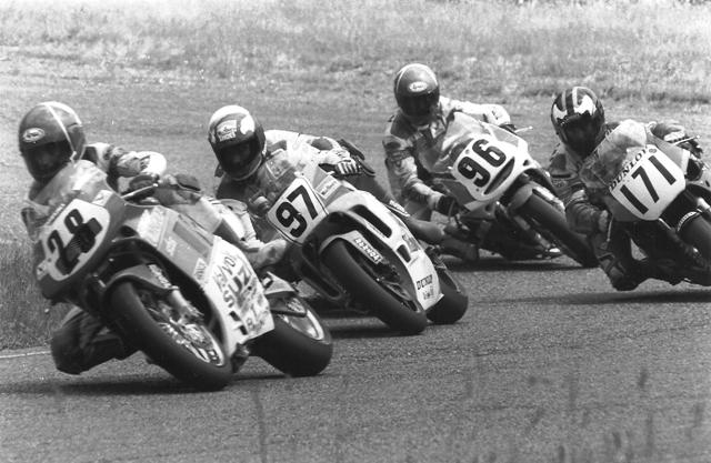 Turkington - Seattle FUSA Britt Turkington, on the No. 28 Valvoline Suzuki, leads Rich Oliver, on the Marlboro/Roberts YZR500, Chuck Graves (tucked in behind Oliver), local favorite Joe Pittman (No.171) and Michael Martin (No. 96) on the first lap of Formula USA racing action at Seattle International Raceway on June 23, 1991. (Larry Lawrence photo)