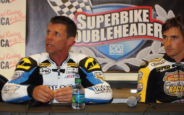 Barnes - Fillmore - Elkhart '11 Michael Barnes answers questions during a press conference at Road America a couple of weeks ago. Barney is one of the veterans of the series. Sitting next to him is young gun Chris Fillmore. Fillmore came out of the Supermoto ranks and has turned into one of the leading up-and-coming road racers in America. For some reason the women in the room stopped what they were doing and paid a lot of attention when Fillmore was on the interview desk. No idea why. (Larry Lawrence photo)