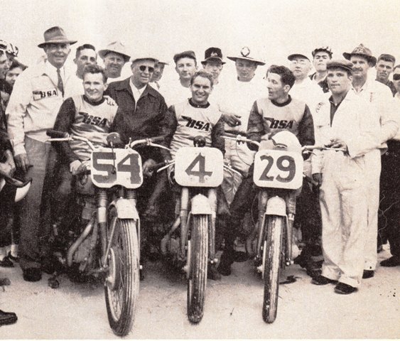 The top BSA finishers gather for a photo at the 1957 Daytona 200 held on the beach course. Al Gunter (No. 54), of Los Angeles, finished second that year to Harley-Davidson’s Joe Leonard. Eugene Thiesson (No. 4), of Eugene, Ore., was third and Tommy McDermott (No. 29), of Norfolk, Va., was fifth.