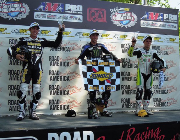 Daytona Sport podium - Elkhart Sat The podium finishers from Saturday’s Daytona SportBike final from Road America in Elkhart Lake, Wis. Josh Herrin took the victory, while Cory West (left) was second and PJ Jacobsen (right) took third. (Larry Lawrence photo)