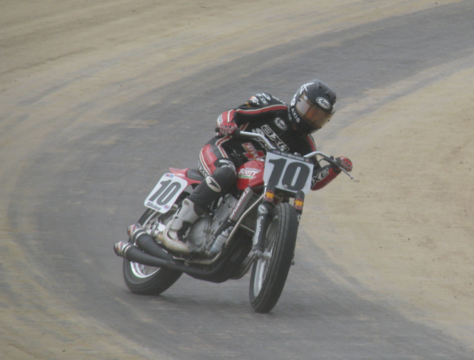 Johnny Lewis led portions of the Hartford Half-Mile Grand National on his Kawasaki.