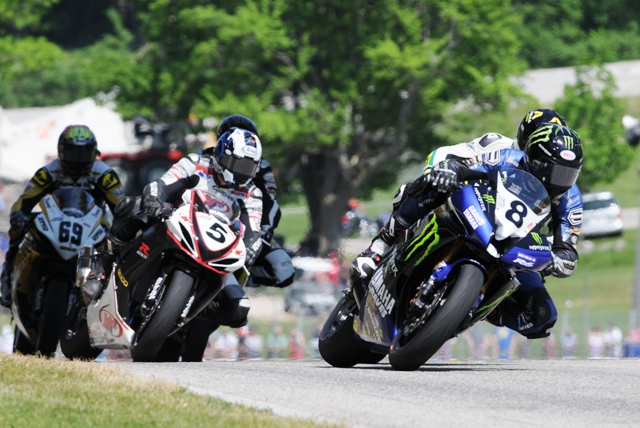 Herrin - Elkhart Daytona Sportbike '11 This year’s Road America Daytona SportBike race with Grave’s Yamaha’s Josh Herrin leading Celtic Racing Ducati’s PJ Jacobsen (behind Herrin), Dane Westby on the No. 5 M4 Suzuki, Cory West of Vesrah Suzuki (behind Westby) and GEICO Suzuki’s Danny Eslick (69). (Larry Lawrence photo)