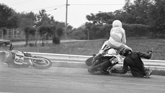 One of the Horn Brothers hits another downed rider during a WERA National Endurance race at Gateway International sometime in the late 1980s. (Larry Lawrence photo)