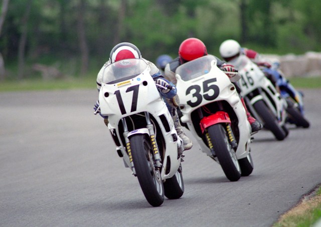Marchino, David - Putnam June '92 David Marchino on a Yamaha FZR600 leads Reuben Frankenfield in a WERA C Superstock race at Putnam Park in June of 1992. Marchino tragically died in a crash at Putnam Park exactly 20 years ago today. (Larry Lawrence photo)