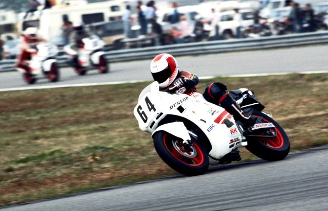 Floridian Russ Mattson corners his Honda 600 Hurricane through the West Horseshoe at Daytona International Speedway during the very first AMA 600 Supersport race in March of 1987. (Larry Lawrence photo)