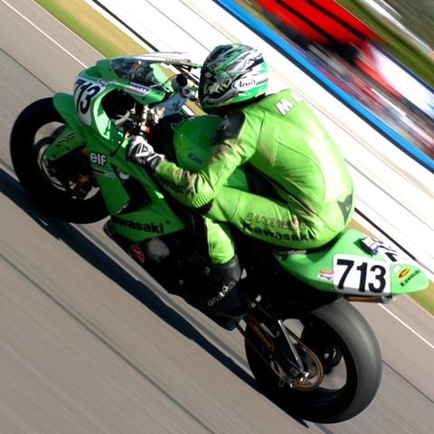 Matt McBride is shown here racing his Kawasaki ZX-10 in the AMA Superbike race at Barber Motorsports Park in 2005. (Larry Lawrence photo)