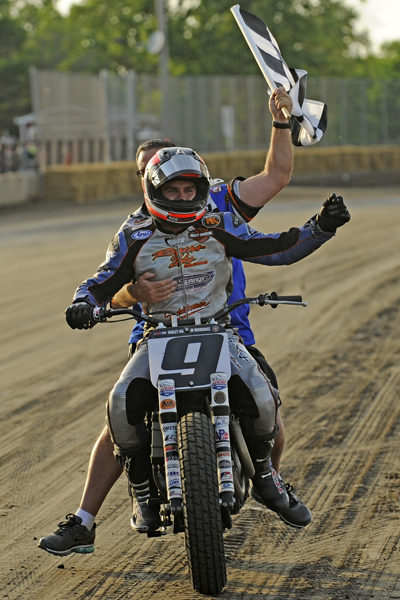 AMA Pro Racing Grand National Mile Jared Mees and Team Owner Craig Rogers take a victory lap at Springfield. (Photo by Dave Hoenig/www.flattrakfotos.com)