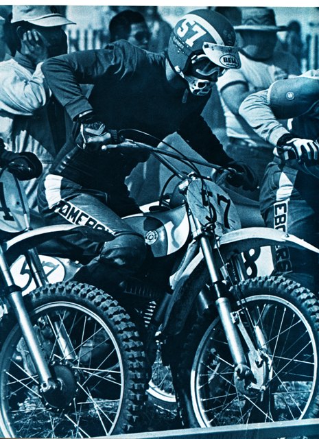 Factory Bultaco rider Jim Pomeroy pictured at the starting gate of a race in the mid-1970s. (AMA Press Kit photo)
